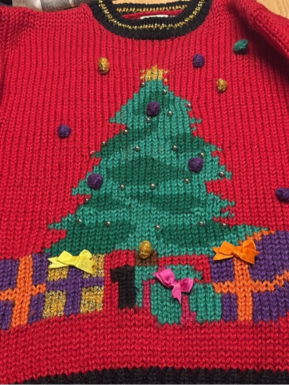 FA Red Knit Holiday Sweater with Green Christmas Tree and Colorful Accents